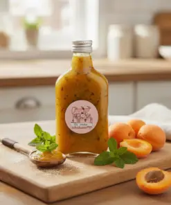 Flesje abrikoos-munt saus omringt door verse ingrediënten.
